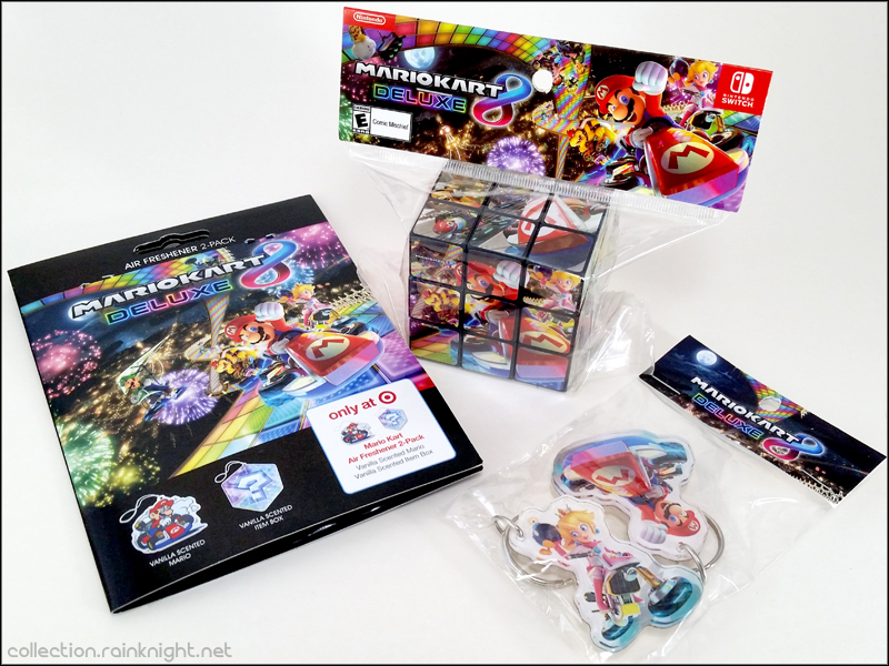 Mario Kart 8 Deluxe Target-exclusive puzzle cube, air fresheners, and acrylic keychains.